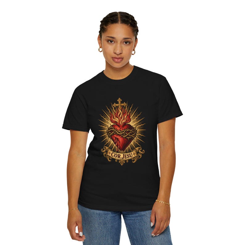 Sacred Heart Sunburst Tee, Cor Jesu Blazing Golden Rays, Crown of Thorns Catholic Religious Gift for Him or Her, Comfort Colors image 11