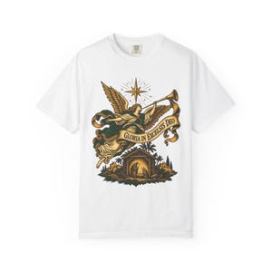Nativity Angel Tee, Gloria in Excelsis Deo Trumpet, Christian Christmas Gift for Parents, Star of Bethlehem Holy Family Art, Comfort Colors image 7