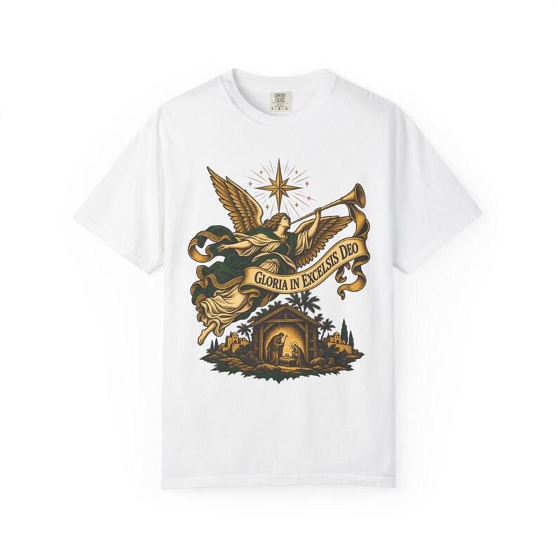 Nativity Angel Tee, Gloria in Excelsis Deo Trumpet, Christian Christmas Gift for Parents, Star of Bethlehem Holy Family Art, Comfort Colors image 7