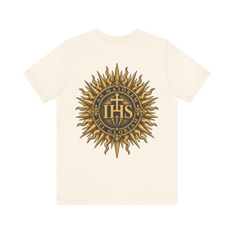 AMDG Back Print Shirt, IHS Sunburst Christogram, Ad Maiorem Dei Gloriam Latin Motto, Jesuit School Gift for Graduation or Confirmation image 2