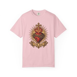 Sacred Heart Sunburst Tee, Cor Jesu Blazing Golden Rays, Crown of Thorns Catholic Religious Gift for Him or Her, Comfort Colors image 6