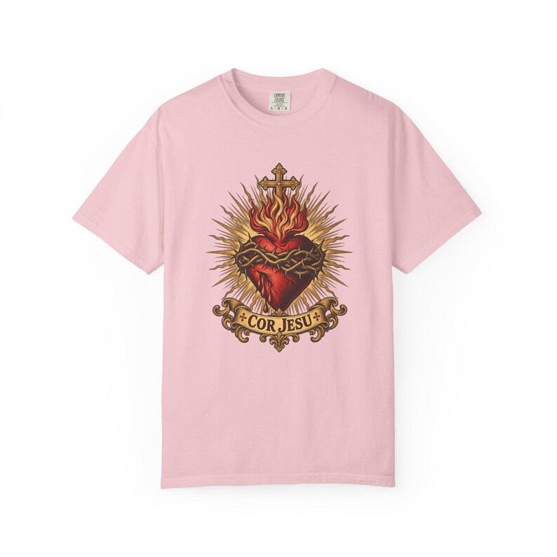 Sacred Heart Sunburst Tee, Cor Jesu Blazing Golden Rays, Crown of Thorns Catholic Religious Gift for Him or Her, Comfort Colors image 6