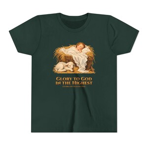Kids Glory to God in the Highest Shirt, Youth Nativity Christmas Tee, Catholic Christmas Gift for Kids, Baby Jesus in the Manger image 10