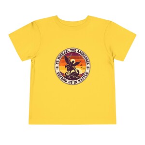 Toddler Retro St Michael Badge Tee, Defend Us in Battle Shirt, Catholic Gift for Toddlers, Archangel Slaying Dragon Sunset image 7