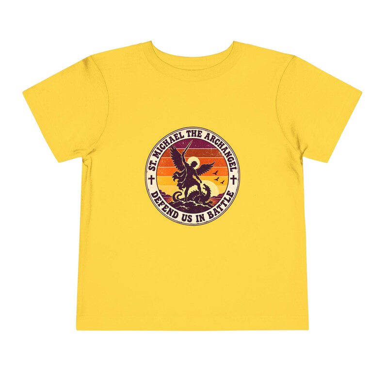 Toddler Retro St Michael Badge Tee, Defend Us in Battle Shirt, Catholic Gift for Toddlers, Archangel Slaying Dragon Sunset image 7