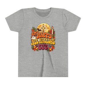 Kinder T-shirt met katholieke Halloween-opdruk, retro en groovy Halloween-shirt, pompoen met kruis en maan. afbeelding 5