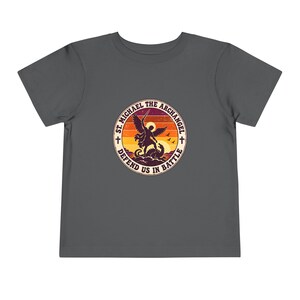 Toddler Retro St Michael Badge Tee, Defend Us in Battle Shirt, Catholic Gift for Toddlers, Archangel Slaying Dragon Sunset image 13