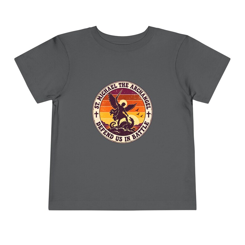 Toddler Retro St Michael Badge Tee, Defend Us in Battle Shirt, Catholic Gift for Toddlers, Archangel Slaying Dragon Sunset image 13