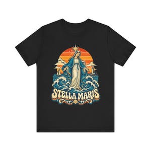 Stella Maris Shirt, Our Lady Star of the Sea Tee, Retro Catholic Beach Apparel, Virgin Mary Coastal Gift, Lighthouse and Sailboat Art image 6