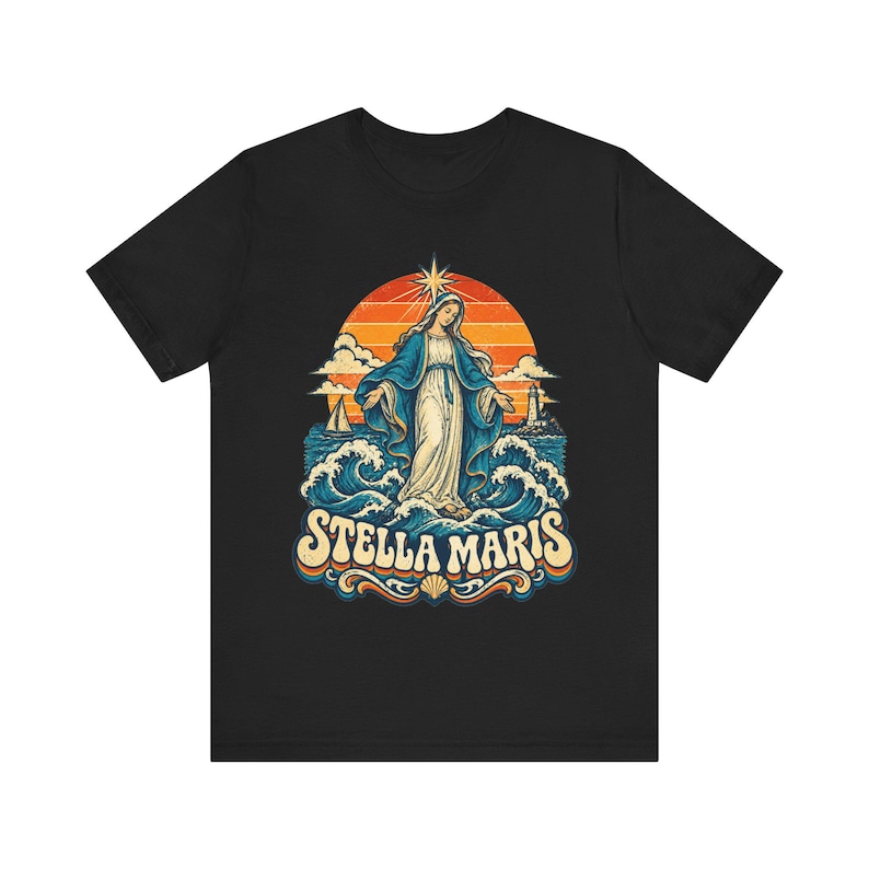 Stella Maris Shirt, Our Lady Star of the Sea Tee, Retro Catholic Beach Apparel, Virgin Mary Coastal Gift, Lighthouse and Sailboat Art image 6