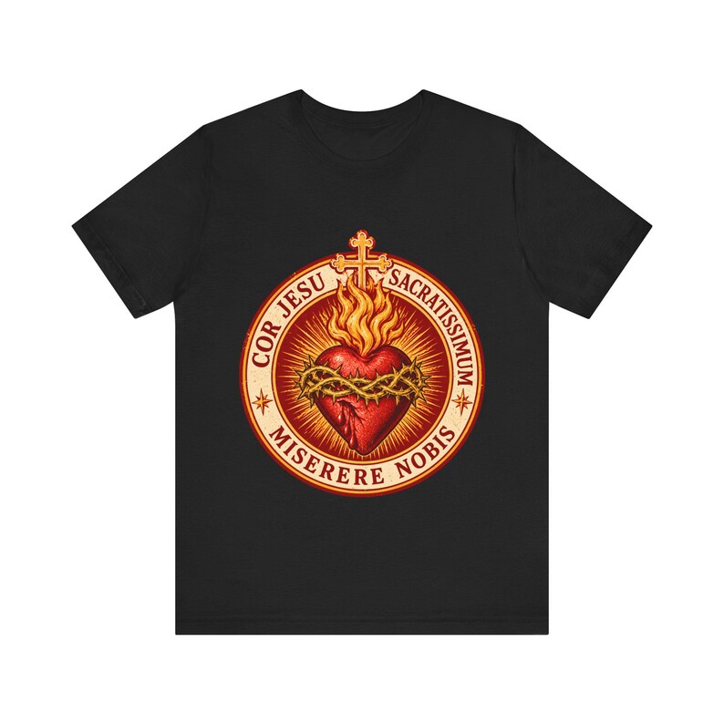 Jesu heliga hjärtas skjorta, Cor Jesu Sacratissimum-märke, Miserere Nobis runt emblem, katolsk gåva för män och kvinnor, törnekrona bild 2