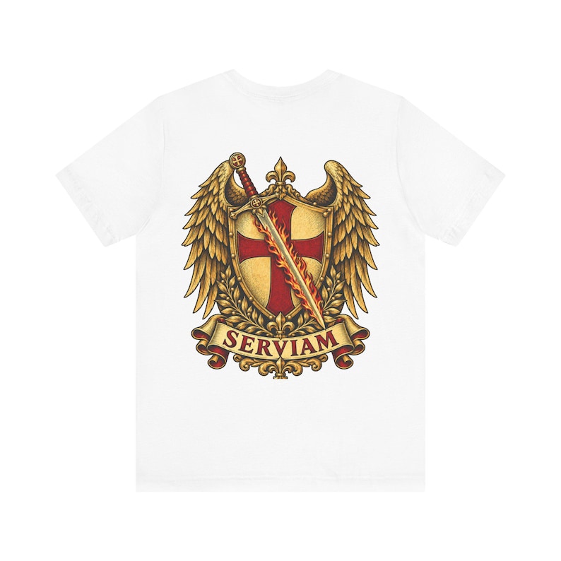 St Michael Emblem Back Print Tee, Sticker Style Winged Crest, Defend Us in Battle, Catholic Dad Gift for Godfather or Confirmation image 1