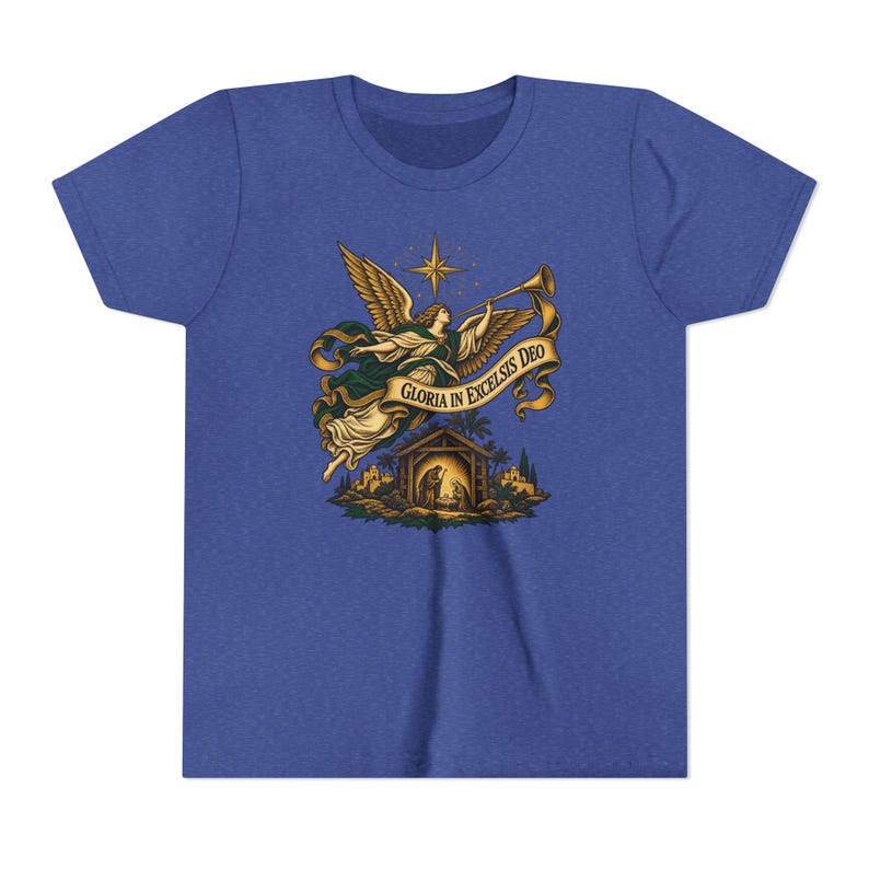 Camiseta infantil del Ángel de la Natividad, Camiseta juvenil Gloria in Excelsis Deo, Regalo católico de Navidad para niños, Representación navideña de la Estrella de Belén imagen 14