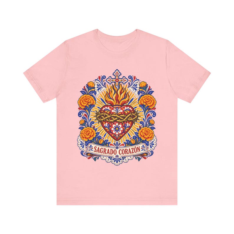 Sacred Heart Shirt, Sagrado Corazón Mexican Folk Art Tee, Talavera Style Catholic Gift for Latina Women, Regalo Católico, Hispanic Faith image 1