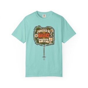 Funny Rosary and Coffee Tee, Retro Catholic Mom Gift, Caffeine Prayer Top for Women, Christian Humor Apparel for Teachers, Comfort Colors image 3