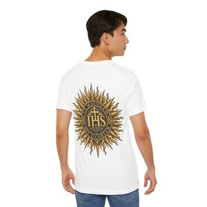 AMDG Back Print Shirt, IHS Sunburst Christogram, Ad Maiorem Dei Gloriam Latin Motto, Jesuit School Gift for Graduation or Confirmation image 3