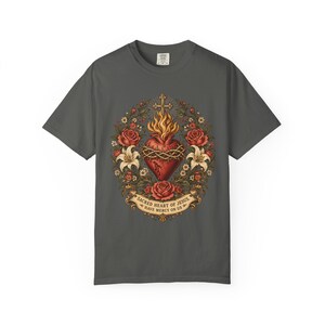 Floral Sacred Heart Tee, Cottagecore Cor Jesu with Wildflowers, Have Mercy Prayer Gift for Mom, Botanical Christian Apparel, Comfort Colors image 6