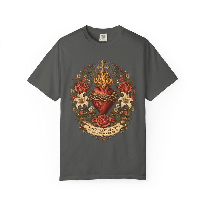 Floral Sacred Heart Tee, Cottagecore Cor Jesu with Wildflowers, Have Mercy Prayer Gift for Mom, Botanical Christian Apparel, Comfort Colors image 6
