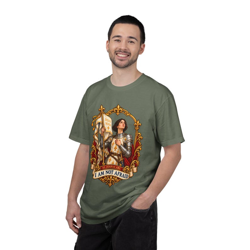Saint Joan of Arc Tee, I Am Not Afraid Vintage Banner Art, Maid of Orleans Catholic Gift for Her, Brave Woman Warrior Shirt, Comfort Colors image 7