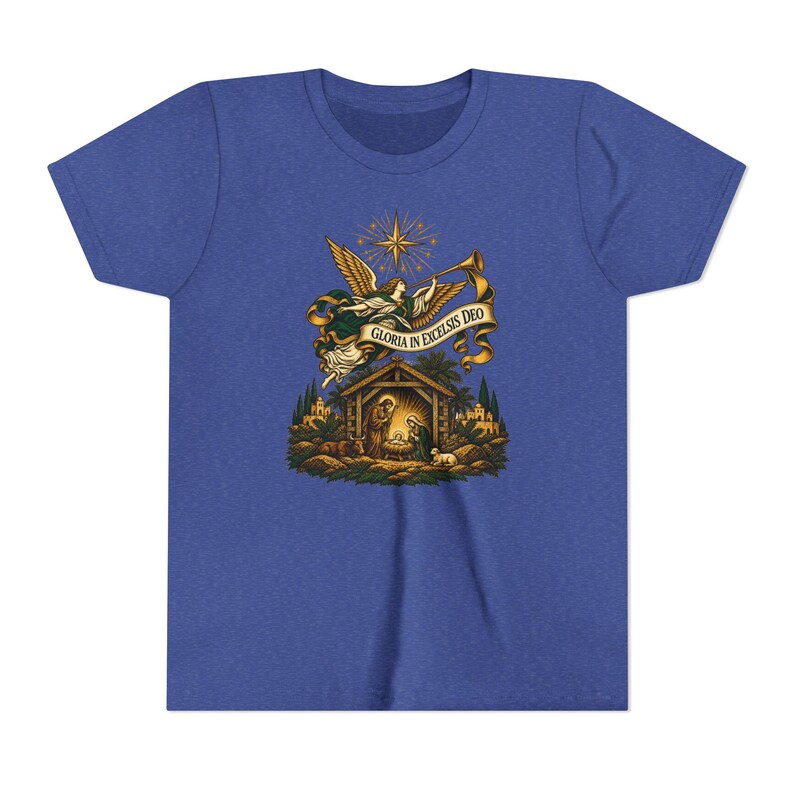 Kids Herald Angel Trumpet Shirt, Youth Glory to God in the Highest Tee, Christian Christmas Gift for Kids, Vintage Nativity image 12
