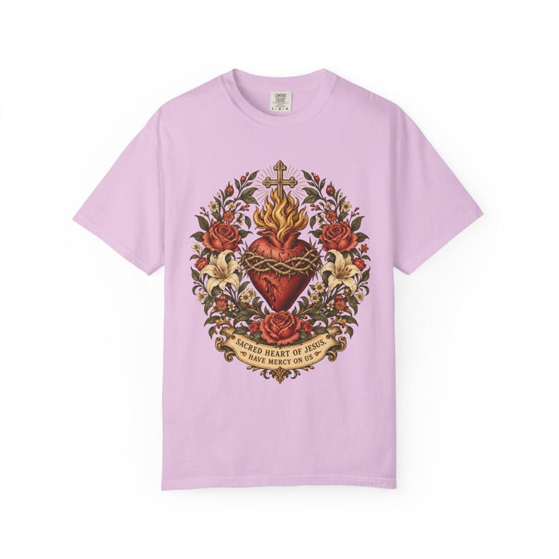 Floral Sacred Heart Tee, Cottagecore Cor Jesu with Wildflowers, Have Mercy Prayer Gift for Mom, Botanical Christian Apparel, Comfort Colors image 8