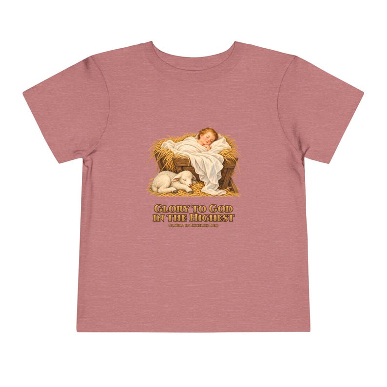 Toddler Glory to God in the Highest Tee, Nativity Christmas Shirt, Catholic Christmas Gift for Toddlers, Baby Jesus and Lamb image 2