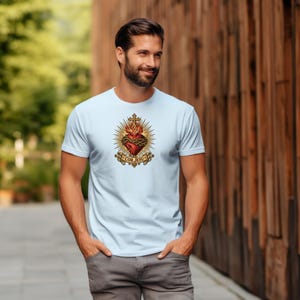 Sacred Heart Sunburst Tee, Cor Jesu Blazing Golden Rays, Crown of Thorns Catholic Religious Gift for Him or Her, Comfort Colors