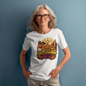 Catholic Halloween Tee, Retro Groovy All Hallows Eve Shirt, Cross Moon Ghost (Adults) image 1