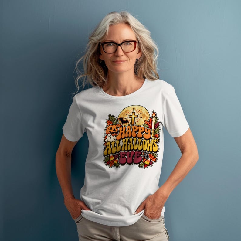 Catholic Halloween Tee, Retro Groovy All Hallows Eve Shirt, Cross Moon Ghost (Adults) image 1
