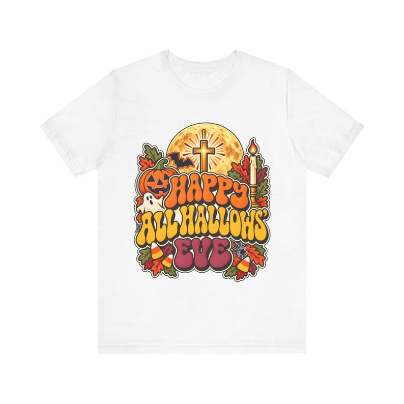 Catholic Halloween Tee, Retro Groovy All Hallows Eve Shirt, Cross Moon Ghost (Adults) image 3
