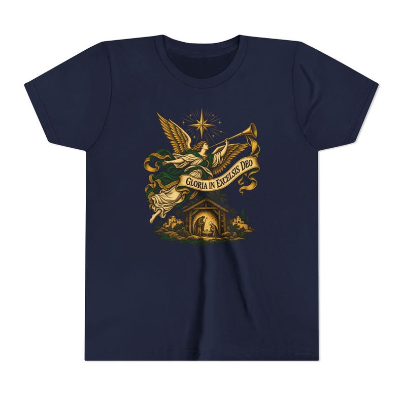 Camiseta infantil del Ángel de la Natividad, Camiseta juvenil Gloria in Excelsis Deo, Regalo católico de Navidad para niños, Representación navideña de la Estrella de Belén imagen 17
