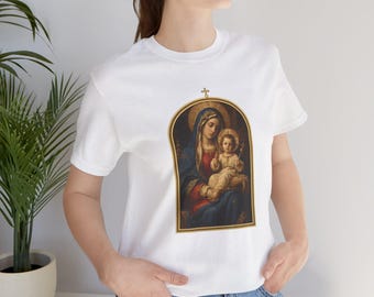 聖母マリアTシャツ、玉座に座る聖母子像の巨匠絵画、お母さんへの聖母マリアギフト、ルネサンスカトリックアートTシャツ、マリアトップ