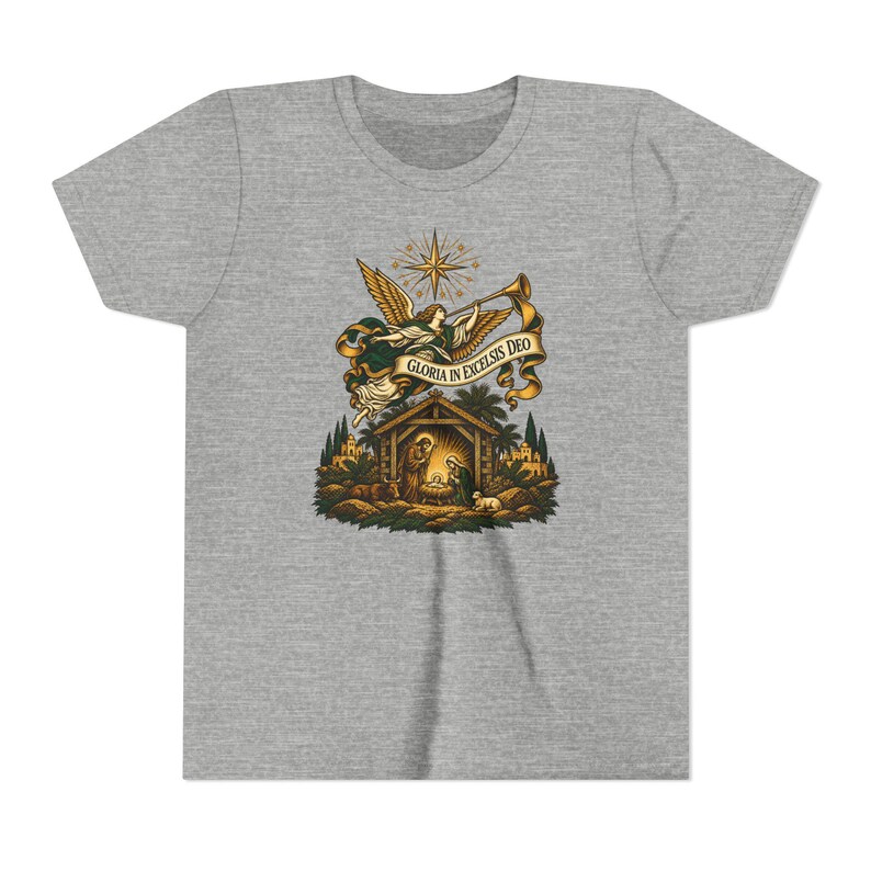 Kids Herald Angel Trumpet Shirt, Youth Glory to God in the Highest Tee, Christian Christmas Gift for Kids, Vintage Nativity image 9