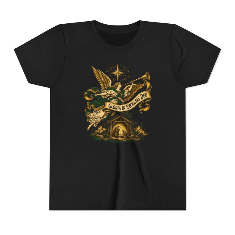 Camiseta infantil del Ángel de la Natividad, Camiseta juvenil Gloria in Excelsis Deo, Regalo católico de Navidad para niños, Representación navideña de la Estrella de Belén imagen 5