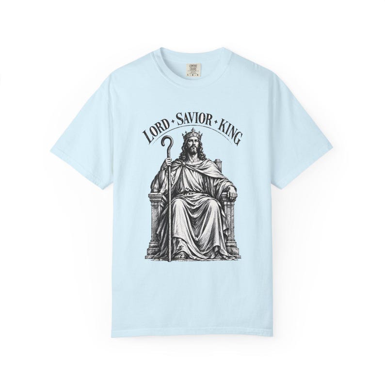 King of Kings Tee, Vintage Woodcut Jesus Enthroned, Solemnity of Christ Gift for Husband or Priest, Catholic Unisex Shirt, Comfort Colors image 7