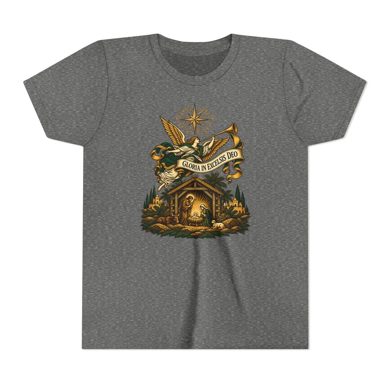 Kids Herald Angel Trumpet Shirt, Youth Glory to God in the Highest Tee, Christian Christmas Gift for Kids, Vintage Nativity image 4