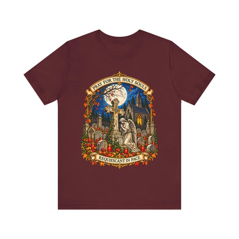 Camiseta "Pray for the Holy Souls", Camiseta católica "Requiescant in Pace" del Purgatorio, Regalo de recuerdo de noviembre, Arte de ángel de cementerio, Camiseta Bella Canvas imagen 10