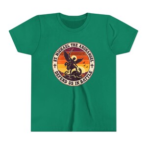 Kids Retro St Michael Badge Shirt, Youth Defend Us in Battle Tee, Catholic Boys Gift, Archangel Slaying Dragon Sunset image 10