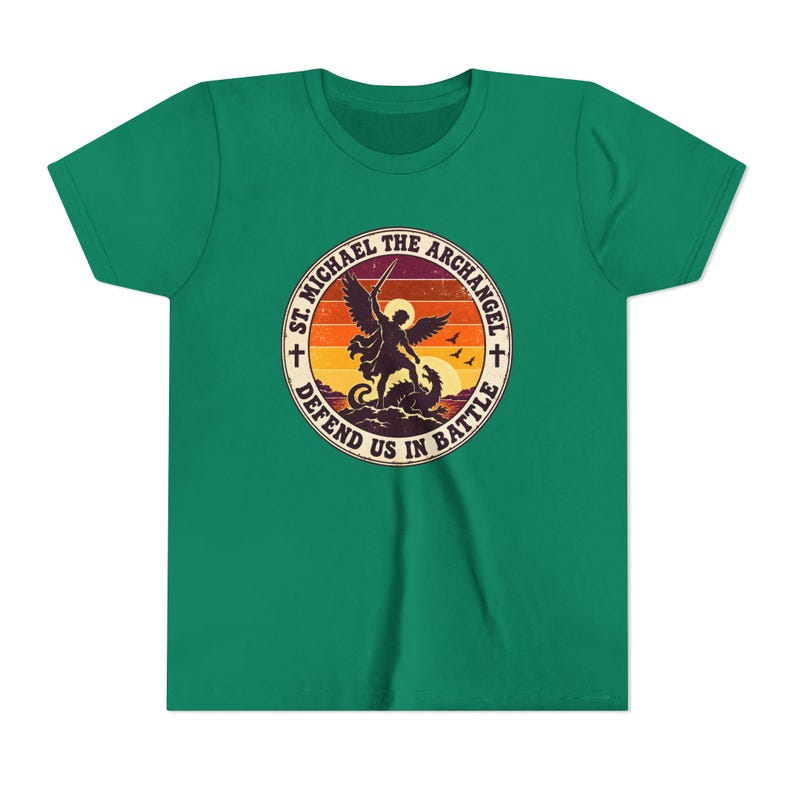 Kids Retro St Michael Badge Shirt, Youth Defend Us in Battle Tee, Catholic Boys Gift, Archangel Slaying Dragon Sunset image 10