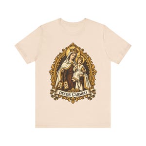 Mount Carmel Madonna Shirt, Brown Scapular Devotion Tee, Golden Frame Marian Art, Carmelite Virgin Mary Gift for Women, Catholic Apparel image 5