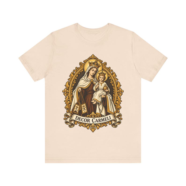 Mount Carmel Madonna Shirt, Brown Scapular Devotion Tee, Golden Frame Marian Art, Carmelite Virgin Mary Gift for Women, Catholic Apparel image 5