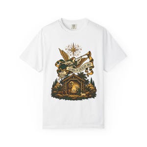 Herald Angel Trumpet Tee, Glory to God in the Highest Nativity, Vintage Christian Christmas Gift for Mass or Choir, Comfort Colors image 3