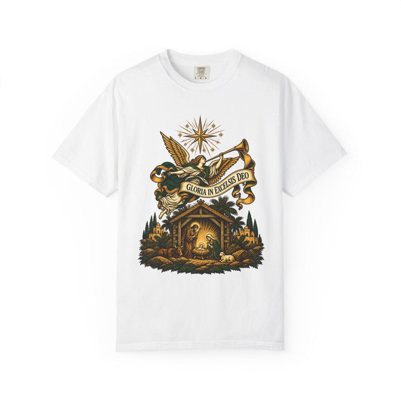 Herald Angel Trumpet Tee, Glory to God in the Highest Nativity, Vintage Christian Christmas Gift for Mass or Choir, Comfort Colors image 3
