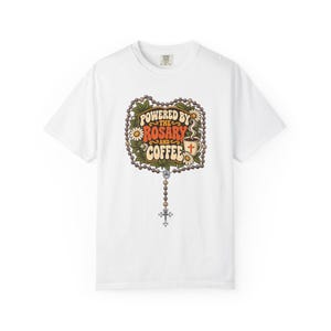 Funny Rosary and Coffee Tee, Retro Catholic Mom Gift, Caffeine Prayer Top for Women, Christian Humor Apparel for Teachers, Comfort Colors image 6