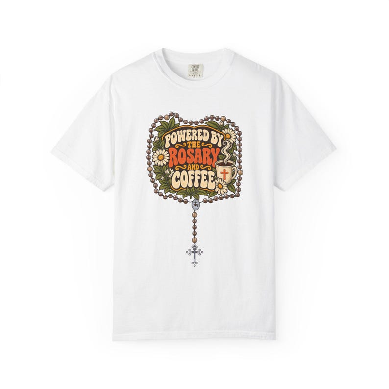 Funny Rosary and Coffee Tee, Retro Catholic Mom Gift, Caffeine Prayer Top for Women, Christian Humor Apparel for Teachers, Comfort Colors image 6