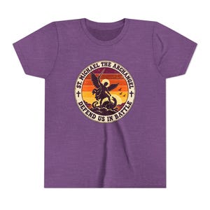 Kids Retro St Michael Badge Shirt, Youth Defend Us in Battle Tee, Catholic Boys Gift, Archangel Slaying Dragon Sunset image 19
