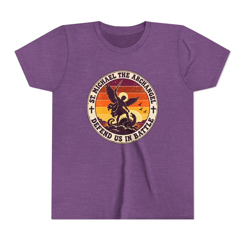 Kids Retro St Michael Badge Shirt, Youth Defend Us in Battle Tee, Catholic Boys Gift, Archangel Slaying Dragon Sunset image 19
