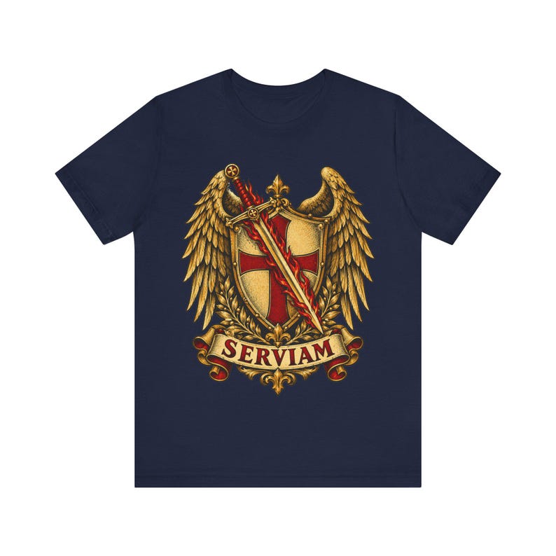 St. Michael T-shirt | Katholiek T-shirt | Vormselcadeau voor mannen | Gevleugeld schild en vlammend zwaard afbeelding 6