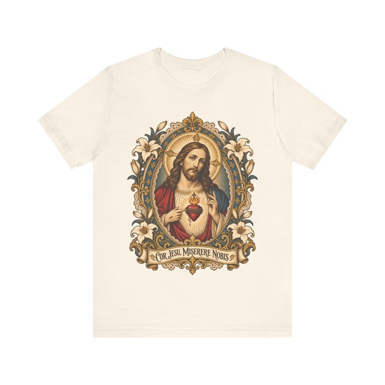 Jesu heliga hjärtas porträttskjorta, Cor Jesu Miserere Nobis helig kortskjorta, Batoni-stil katolsk konst med liljor, kristen gåva för män bild 4