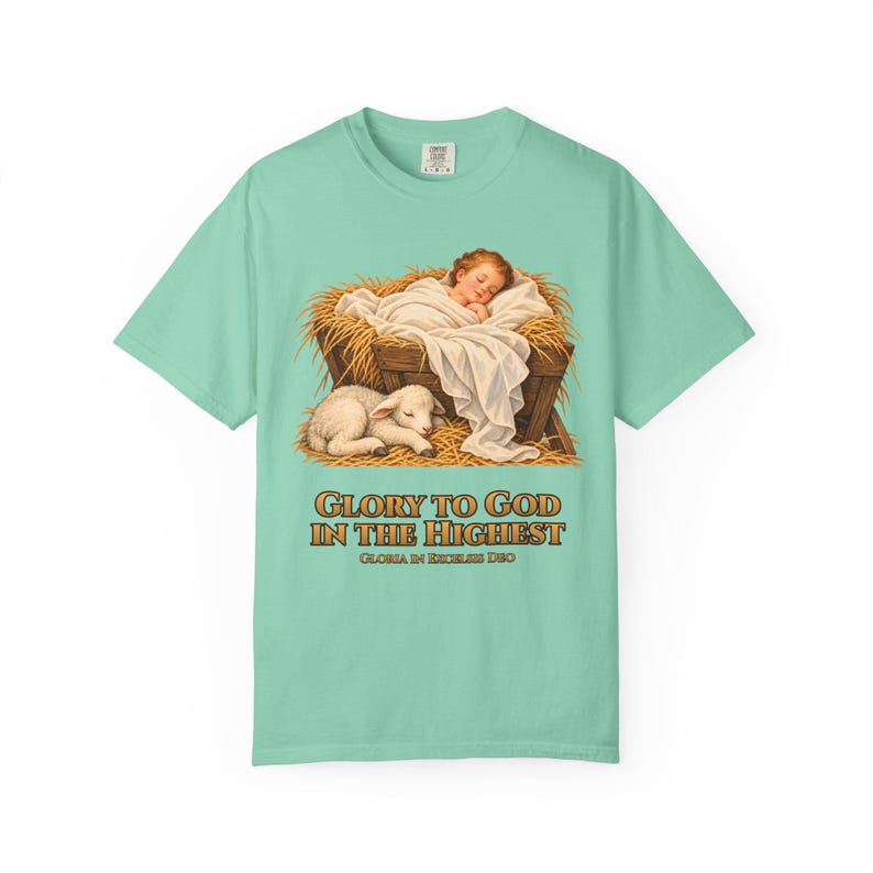 Glory to God in the Highest Comfort Colors Shirt | Catholic Christmas Nativity T-Shirt | Christmas Gift | Christ Child with Lamb image 2